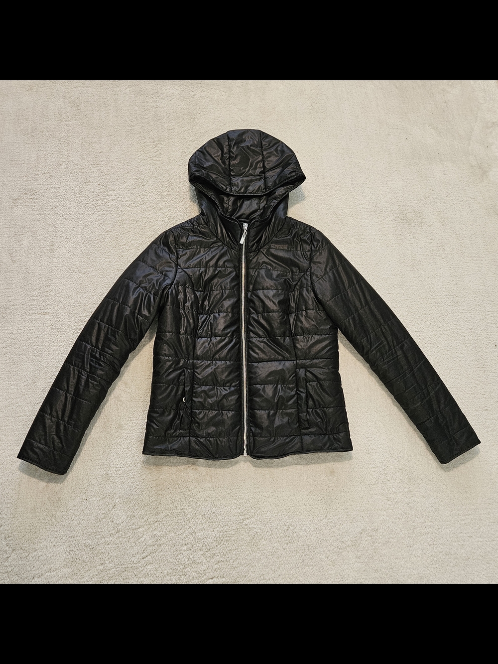 Black Quilted Hooded Puffer Jacket Size S Streetwear Casual Athleisure Spring